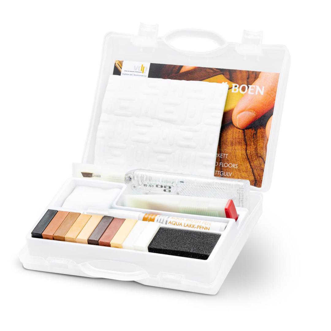 BOEN Profi repair kit for parquet (Live Pure)

Content: 10 wax sticks,
with melter and varnish pen.